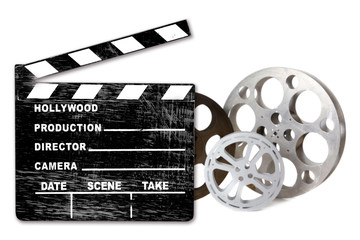Empty Hollywood Film Canisters and Clapper on White