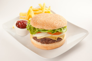 Fresh homemade Beef tomato cheese onion burger isolated