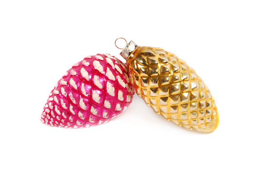 Pink and yellow pinecone ornaments