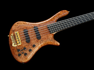 Curved patterned wood bass guitar on black