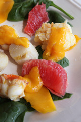 Salade St Jacques et Langouste au pamplemousse-mangue