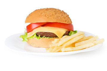 french fries and hamburger. Isolated on white.