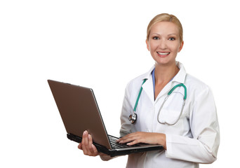 Portrait of young smiling female doctor holding a computer