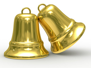 Two gold hand bell on white background. Isolated 3D image.