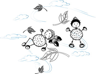 Kastanienfiguren, Herbst, Kastanien, Blätter. Wind