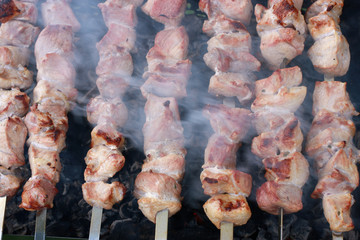 Palatable meat char-grilled on metal skewers