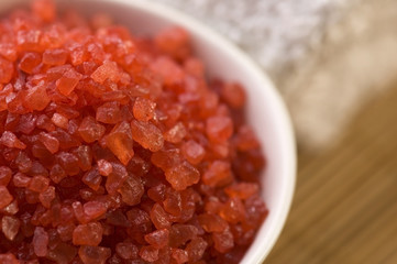 bath salt and towel. red and white.