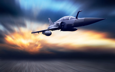 Military airplan on the speed