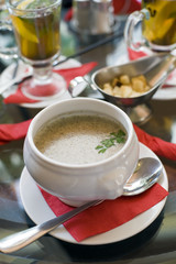 mushroom cream soup at the served table