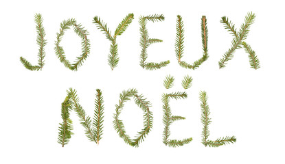 Spruce twigs forming the phrase 'Joyeux Noel'