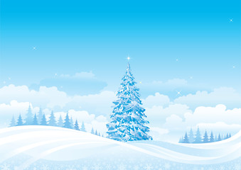 Christmas landscape with fir tree