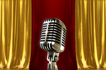 Vintage microphone in theatre with curtain