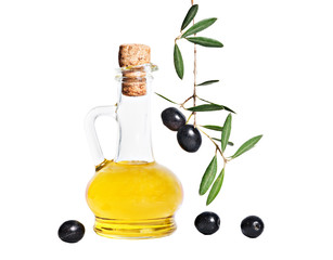 Bottle of olive oil and olive branch isolated on white backgroun