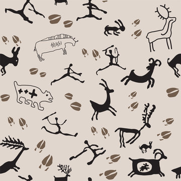 Cave Painting Hunters and Animals based on cave paintings