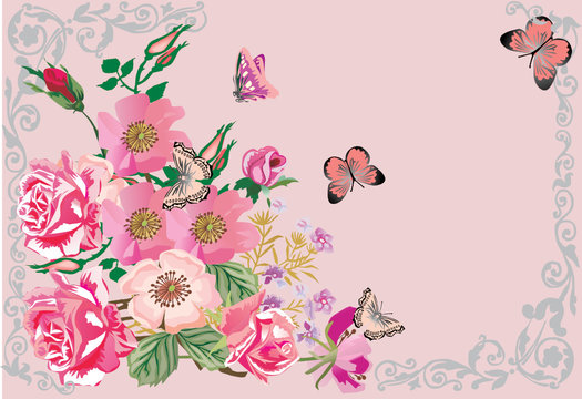 butterflies on pink rose corner