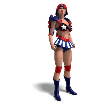female comic hero in an red, blue, white outfit