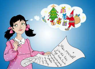 fillette brune qui écrit sa lettre au père-noël