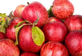 Red ripe apples with green leaves