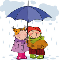 Little girl and boy under a blue umbrella