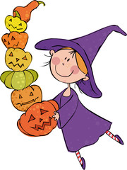 Little witch with huge pile of pumpkin