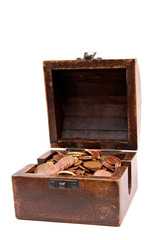 A wooden ancient chest full of money..