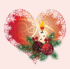 Christmas card with a candle, balls, hearts. vector