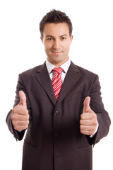 Young business man thumbs-up on a white background