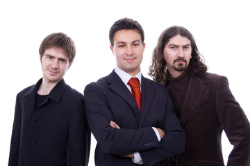 three happy business men together as a team