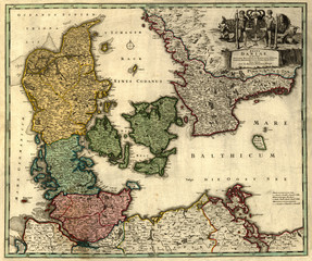 Antique map of Denmark (18 centuries, Latin language).