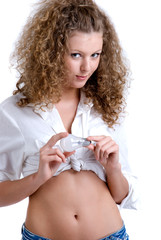 Beautiful curly girl with lamp