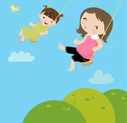 Rolgordijnen Kleine meisjes op een schommel © Ala