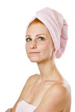 thinking redhead woman in towel