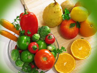 Fresh vegetables and fruits in round bowl made of glass