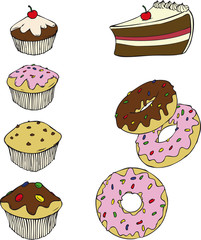 Muffins, Donuts, Kuchen, Torte, Kuchenstück