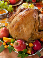 roast turkey on holiday decorated table