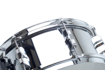 Series. Silver snare drum isolated on a white background
