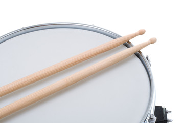 Series. Silver snare drum isolated on a white background