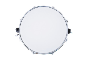 Series. Silver snare drum isolated on a white background