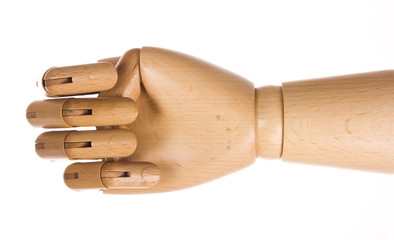 Wooden, human hand isolated on a white background