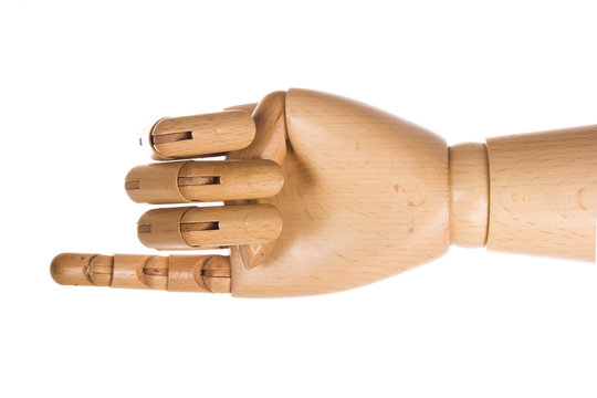 Wooden, human hand isolated on a white background
