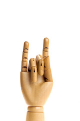 Wooden, human hand isolated on a white background