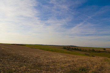 Deutsche Felderlandschaft unter blauem Himmel
