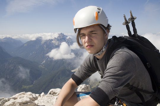 mountaineer on the summit  in Julian alps - Slovenia