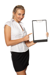 Businesswoman shows blank clipboard