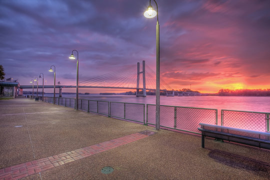 HDR Image Of Bridge Over The Mississippi River At Sunrise