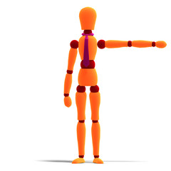 orange and red manikin is pointing to something
