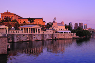 Philadelphia Waterworks on Schuykill River at sunset