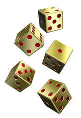 Five gold dices isolated on white