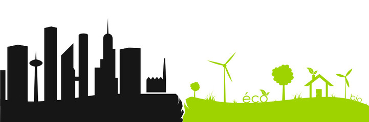 Ecology banner, green city and pollution border