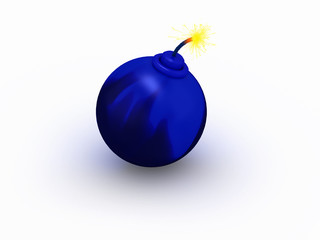 3D blue bomb with flame isolated on white background
